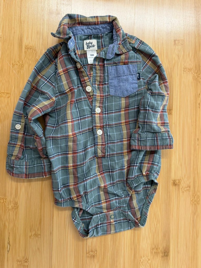 OshKosh Flannel Bodysuit – 18M | Green & Red Plaid Button - Up | Holiday - Nest and Sprout - Consignment