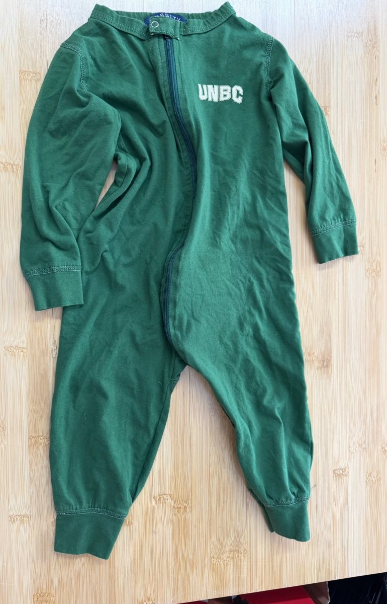 Varsity Collection Romper – 18-24 Months | Green | UNBC Logo - Nest and Sprout-Consignment