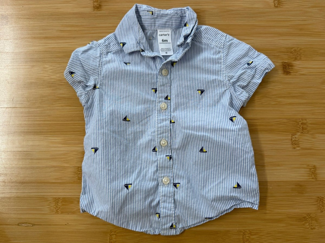 Carter's Sailboat Stripe Button-Up Shirt – 6M | Short Sleeve Vertical Stripe - Nest and Sprout-Consignment