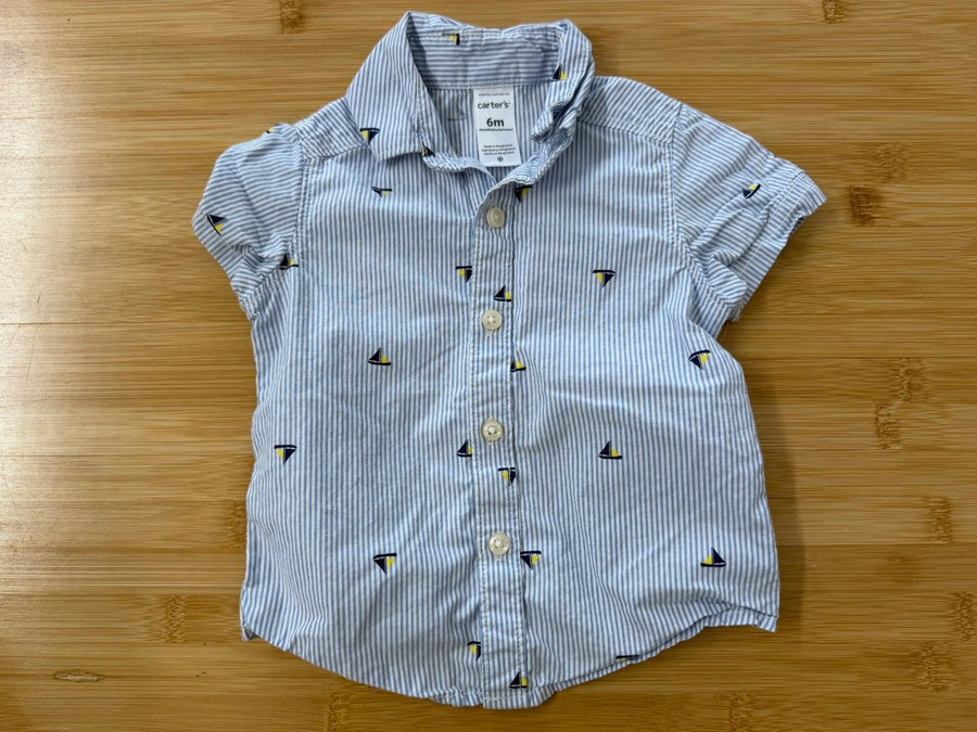 Carter's Sailboat Stripe Button-Up Shirt – 6M | Short Sleeve Vertical Stripe - Nest and Sprout-Consignment