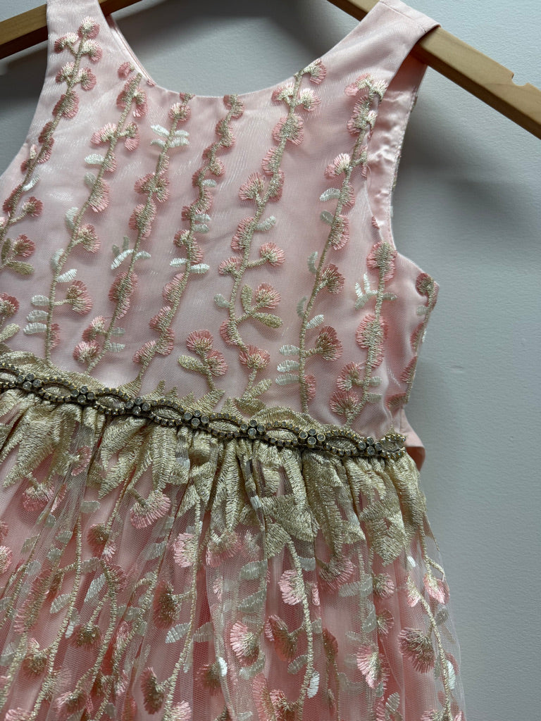 Couture Princess Special Occasion Dress – 10 | Pink Gold Embroidered Overlay Back Zipper Gold Belt