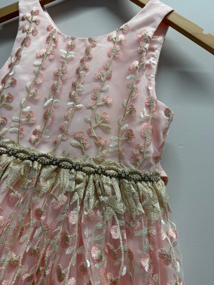 Couture Princess Special Occasion Dress – 10 | Pink Gold Embroidered Overlay Back Zipper Gold Belt