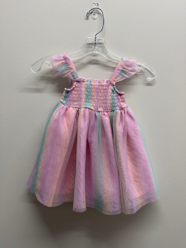 George Tulle Smocked Dress – 6–12M | Pink Turquoise Orange Stripe Silver Glitter - Nest and Sprout-Consignment
