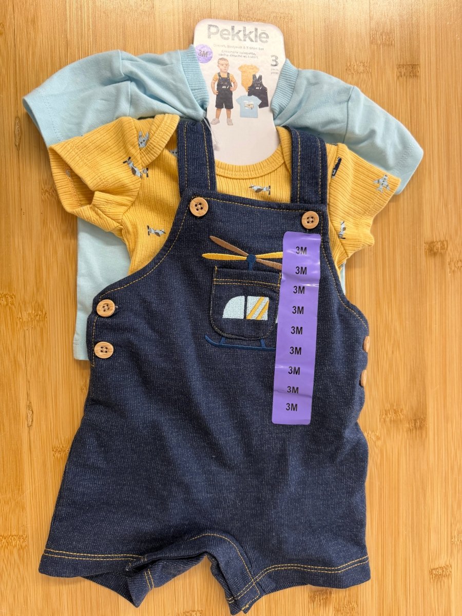 Pekkle Three-Piece Set – 3M | Overalls Bodysuit & Shirt | NWT
