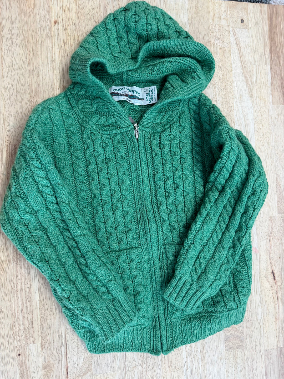 Aran Crafts Ireland Cable Knit Hooded Zip Up – 6-7 | 100% Merino Wool | Made in Ireland