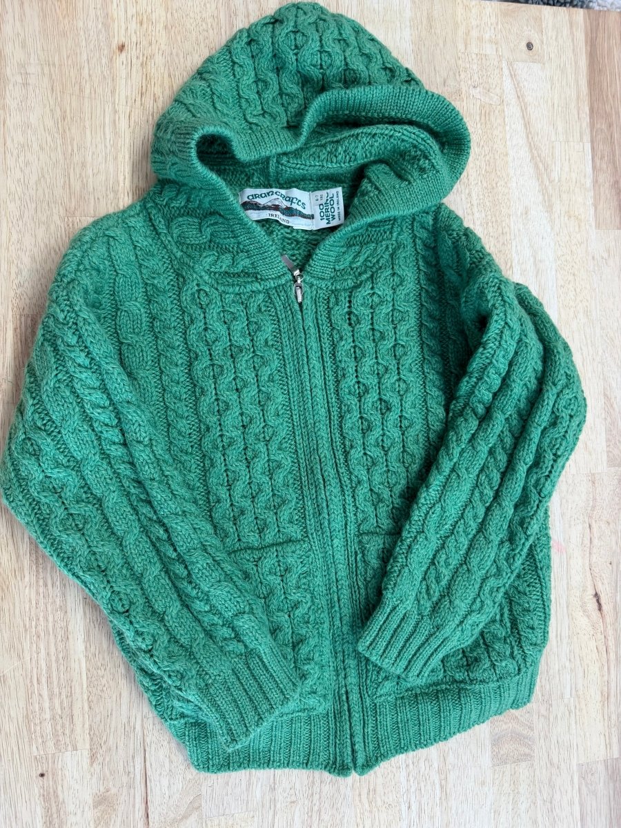 Aran Crafts Ireland Cable Knit Hooded Zip Up – 6-7 | 100% Merino Wool | Made in Ireland - Nest and Sprout-Consignment
