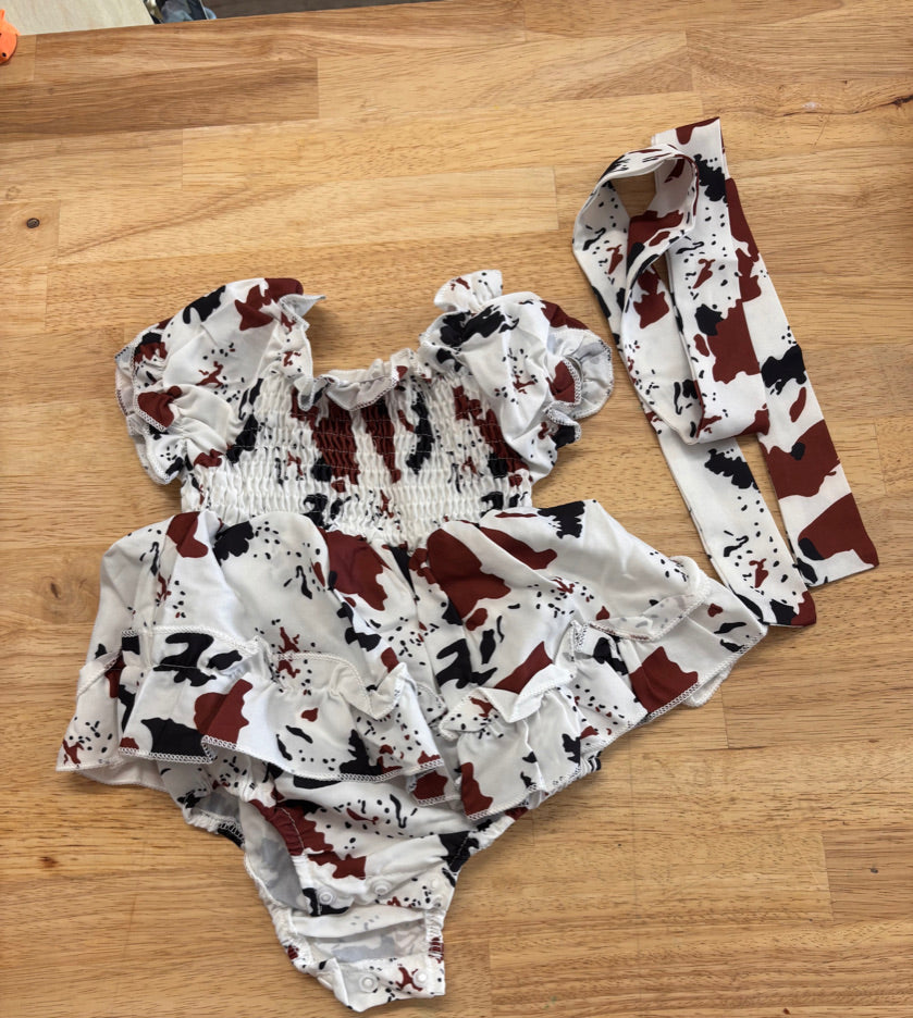 Cow Print Bodysuit Dress with Tie – 1-3M