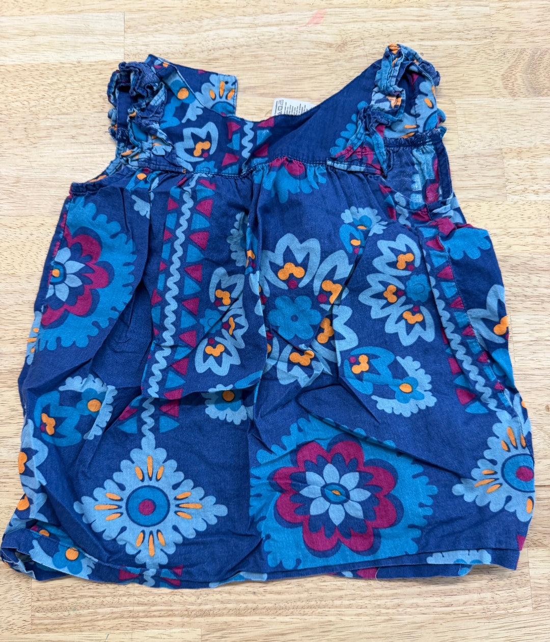 Tea Collection Top – 2 | Blue Floral with Ruffle Cap Sleeve