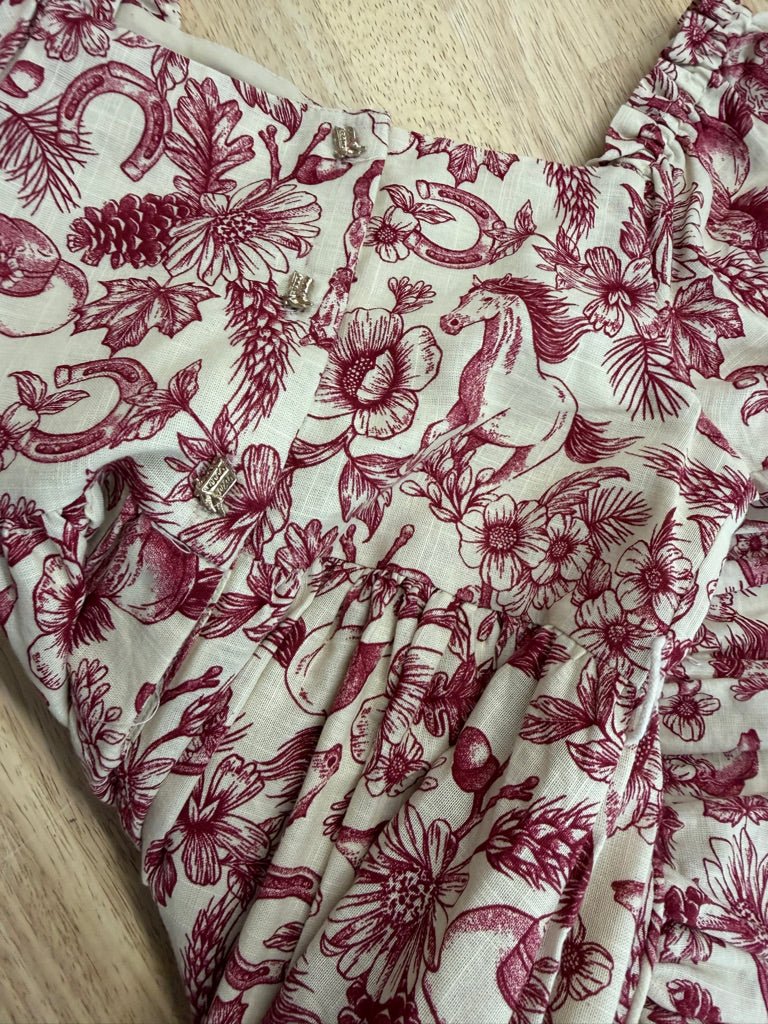 Happily Grey Kids Horse Print Dress – 6/7 | Cream with Burgundy | Short Sleeve, Square Neckline - Nest and Sprout-Consignment