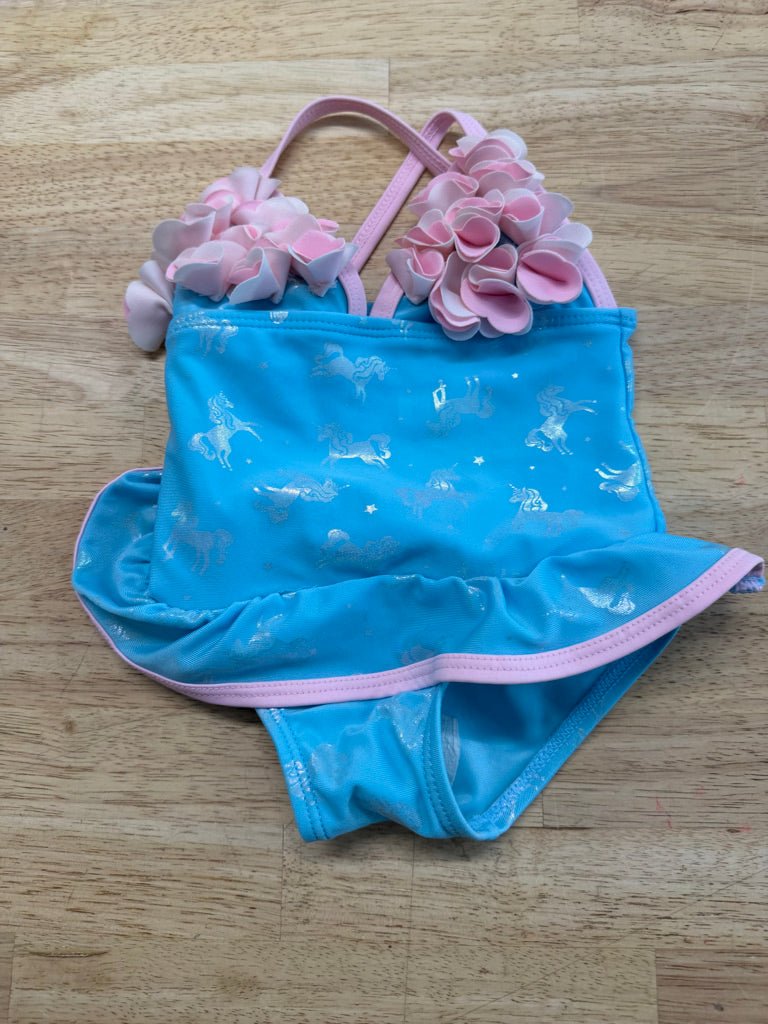Floatimini Skirted One - Piece – 12M | Light Blue Unicorn Pink Ruffles - Nest and Sprout - Consignment