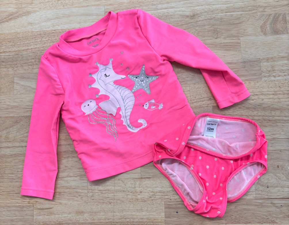 Carters 12M Pink Seahorse Swimsuit Set