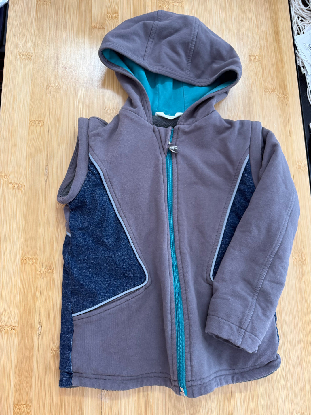 Peekaboo Beans Fleece-Lined Denim Jacket – 2 | Two-Tone Turquoise Zipper Hood Removable Zip-Off Sleeves