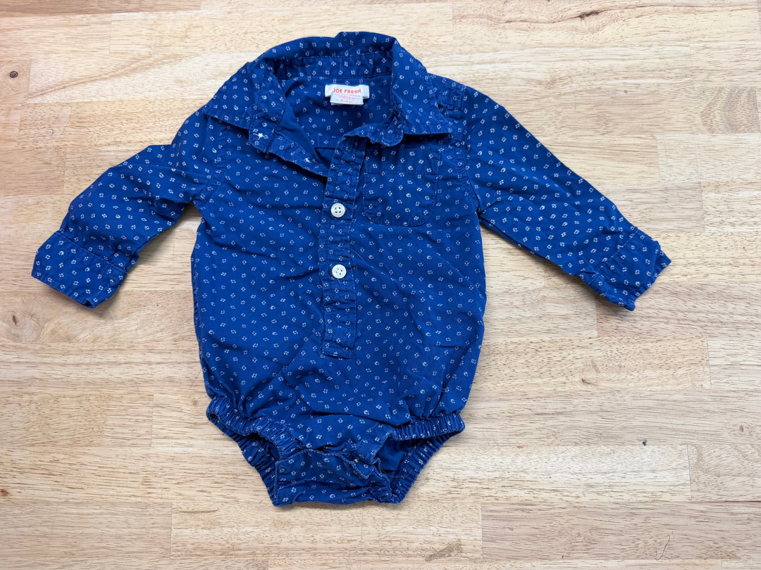 Joe Fresh Blue Print Long Sleeve Button-Down Bodysuit – 3-6M