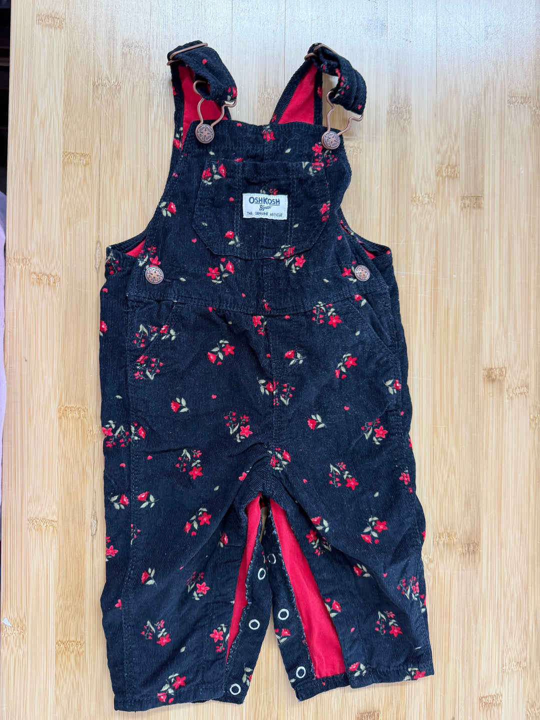 OshKosh Corduroy Overalls – 9 Months | Black with Rosette Print | Lined