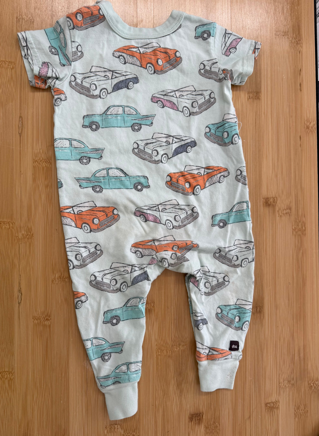 Tea Collection Old Cars Short Sleeve Romper – 9–12M | Mint | Play
