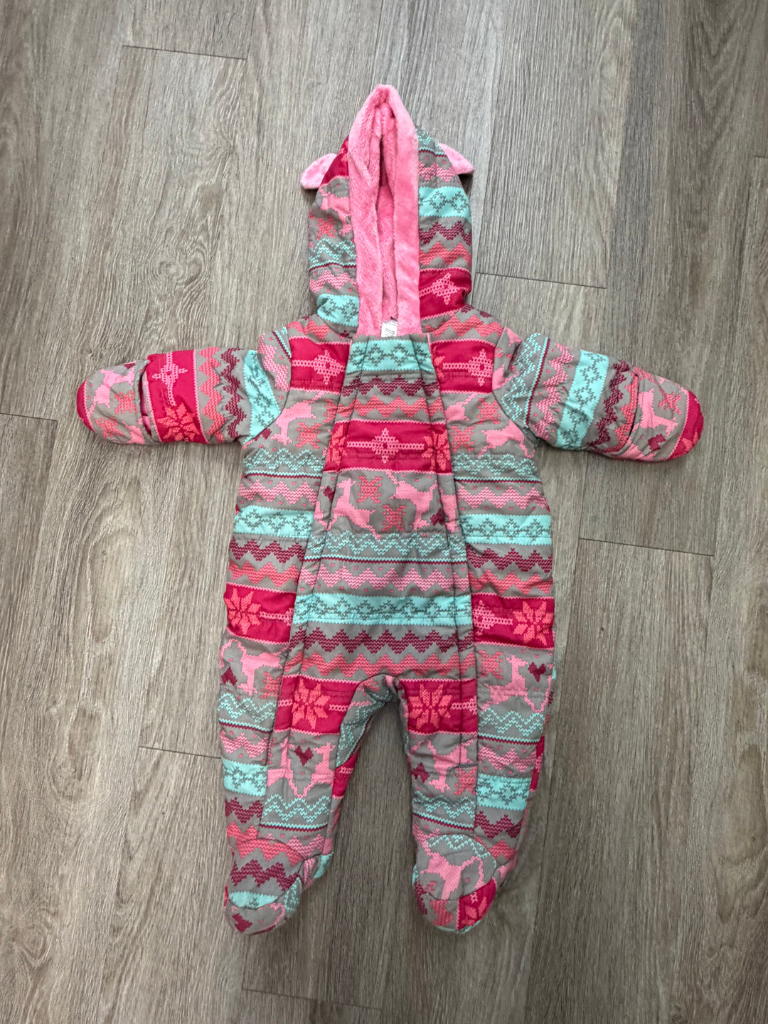 George Christmas Snow Suit – 3–6M | Red & Pink Pattern Footed Fold-Over Hands | Holiday