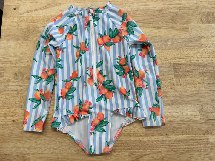Old Navy One-Piece Swimsuit – 3T | Blue Stripe Peach Long Arms Half Zip