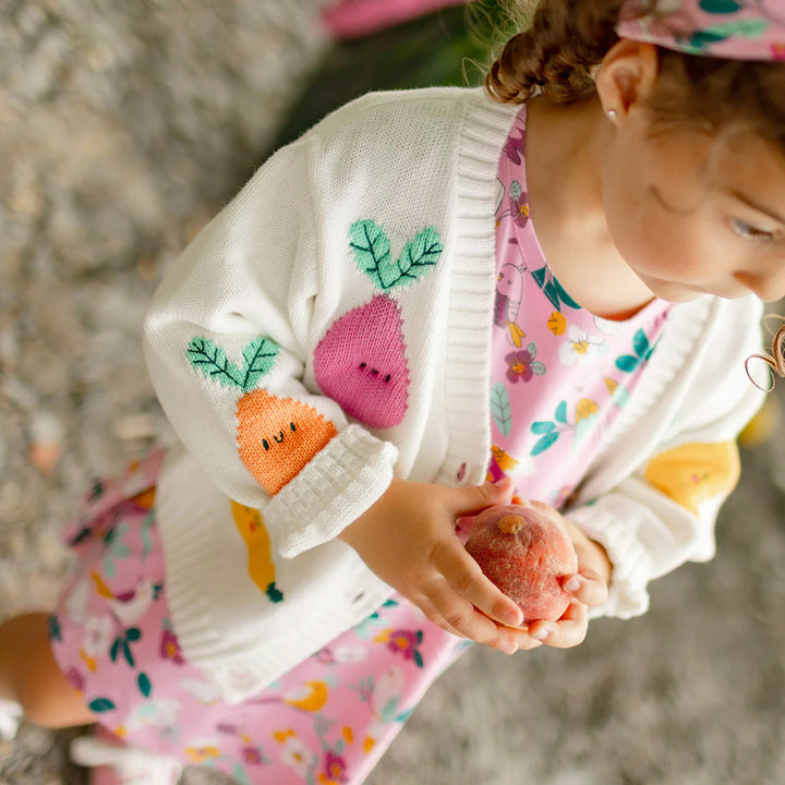 Souris Mini Cream Knit Cardigan with Fruit Print