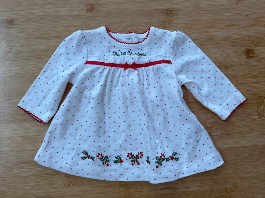 Little Me My First Christmas Dress – 3 Months | Long Sleeve | Embroidered - Nest and Sprout-Consignment