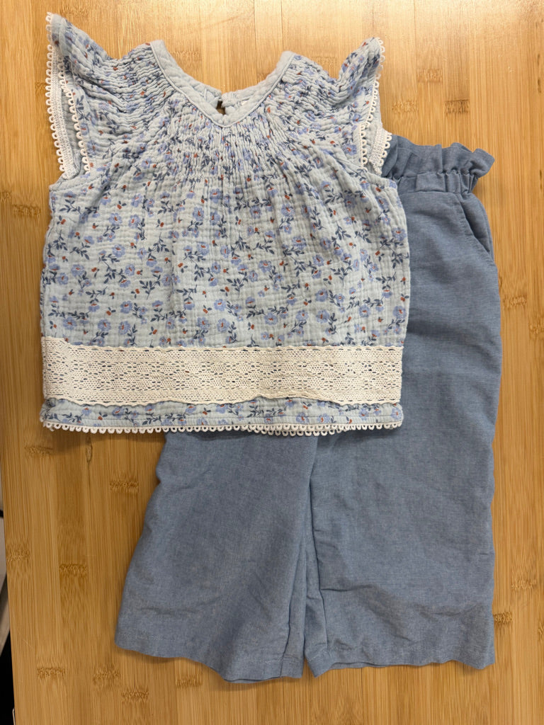 Baby Mode Muslin Top & Paperbag Pants Outfit – 24M | Light Blue Smocked Floral