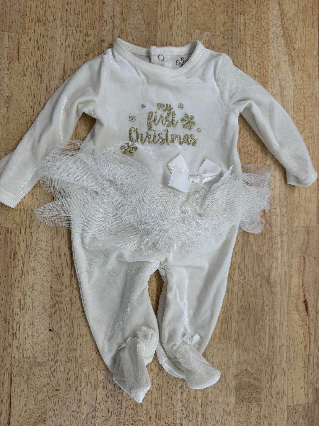 Baby Essentials My First Christmas Velour One-Piece – 3M | White Bow & Tulle | Holiday