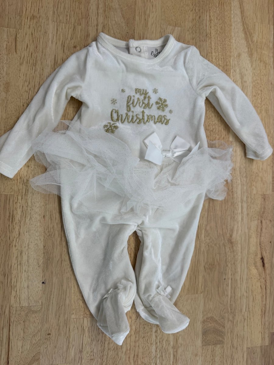 Baby Essentials My First Christmas Velour One-Piece – 3M | White Bow & Tulle | Holiday - Nest and Sprout-Consignment