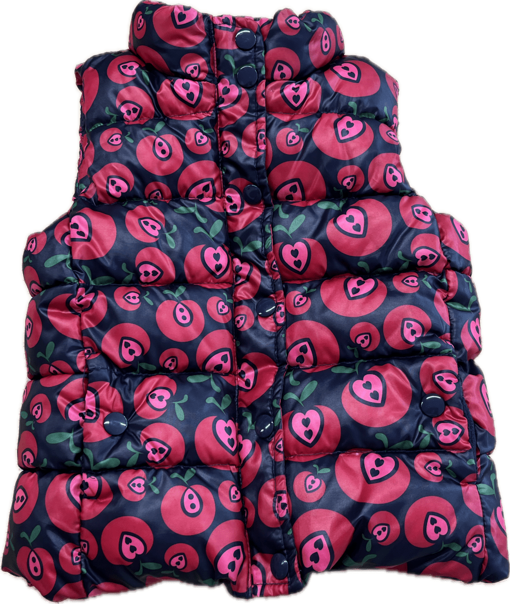 Joe Fresh Puffer Vest Size 3 – Apples with Heart Design on Navy Blue - Nest and Sprout - Consignment