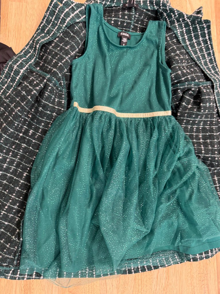 Zunie Jacket & Sequin Dress Set – 6 | Green White Plaid Black Bow - Nest and Sprout-Consignment