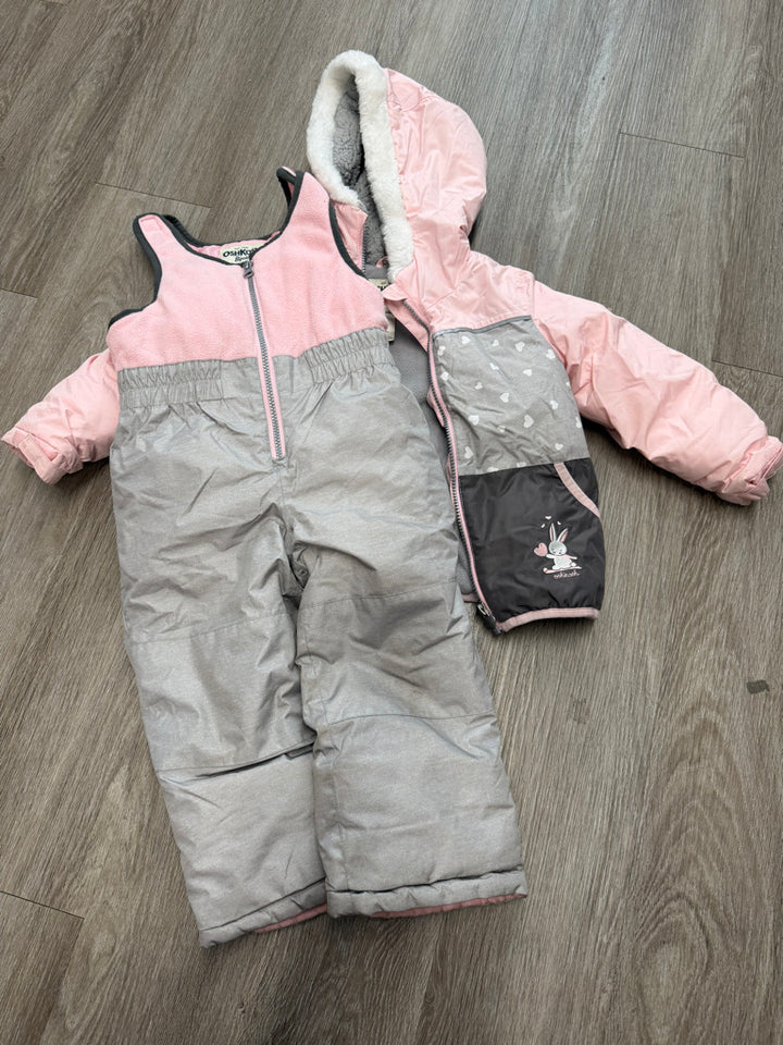 OshKosh Two-Piece Snow Set – 2Y | Grey & Pink Fleece Bibbed Snowpants & Jacket