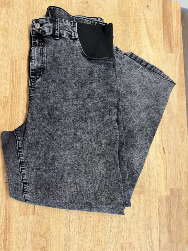 Maternity Jeans – XL | Distressed Black Wash Stretch Side Panels Wide Leg | Play