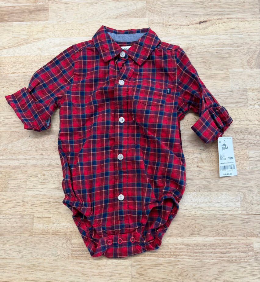 Baby Bosh Bodysuit – 18M | Red &amp; Navy Plaid Button-Up