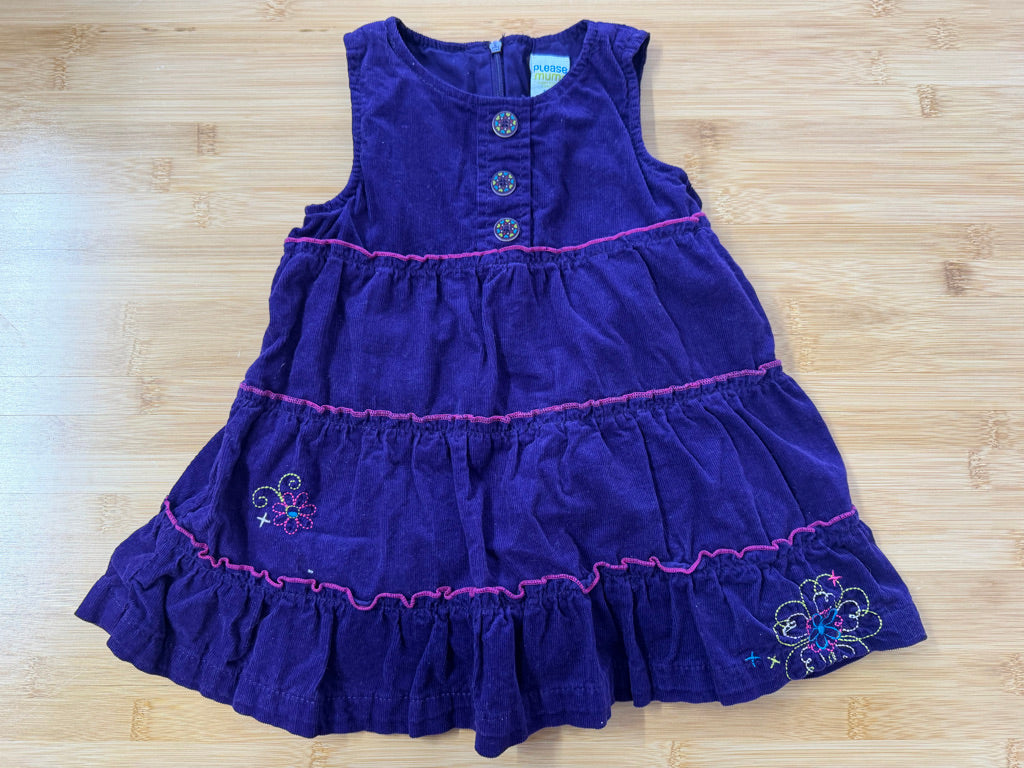 Please Mum Corduroy Dress – 18M | Purple Layered Zip-Up Embroidered Corners