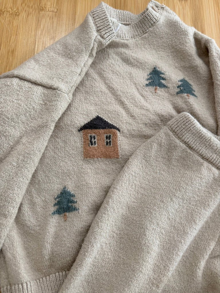 H&M Knit Set – 12–18M | Light Brown Leggings & Sweatshirt Forest House Print | Play - Nest and Sprout-Consignment