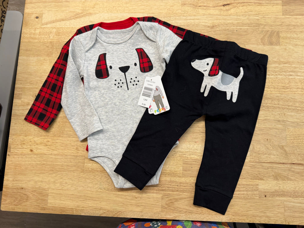 Pekkle Set – 12M | Grey Buffalo Plaid Puppy Dog | NWT
