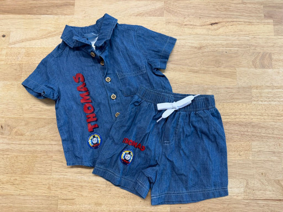 Thomas & Friends Button - Up Shirt & Denim Shorts Set | Size 6–9M - Nest and Sprout - Consignment
