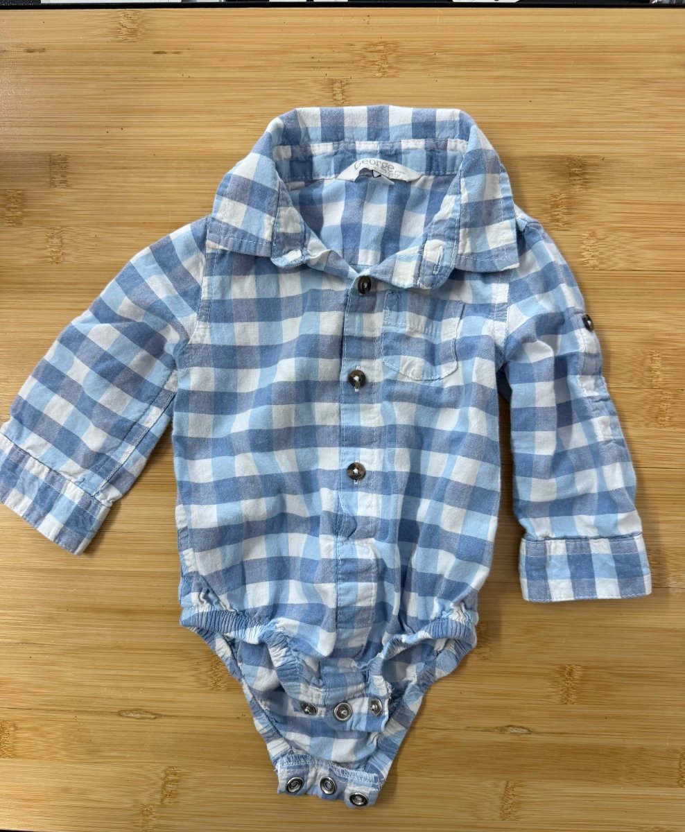 George Blue Plaid Button-Down Bodysuit – 3–6M | Long Sleeve - Nest and Sprout-Consignment