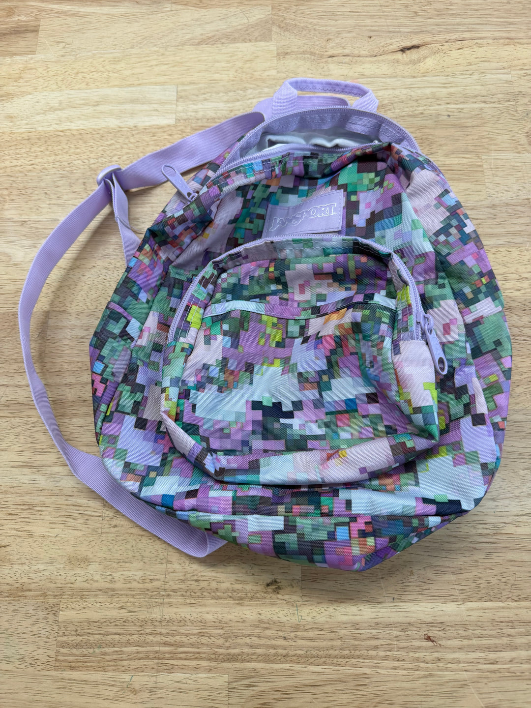Jansport Half Pint Backpack – Small Child Size | Pixelated Purple and Green Print