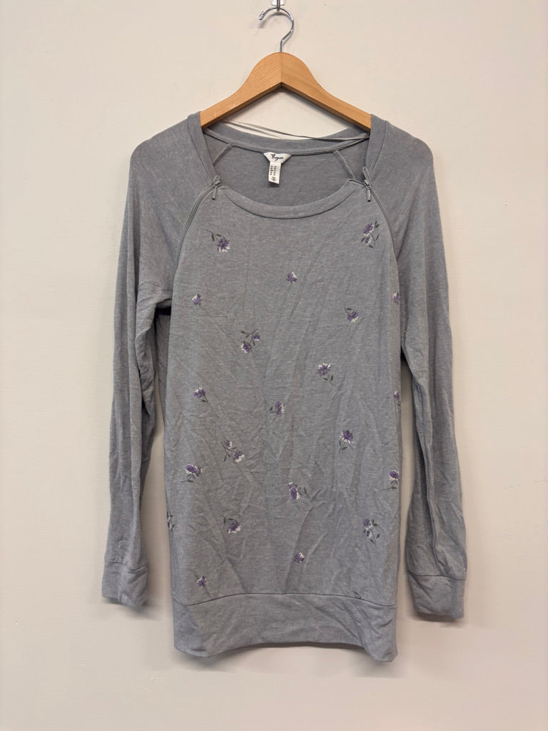 Thyme Maternity Nursing Top – Size S Light Grey with Purple Floral Print