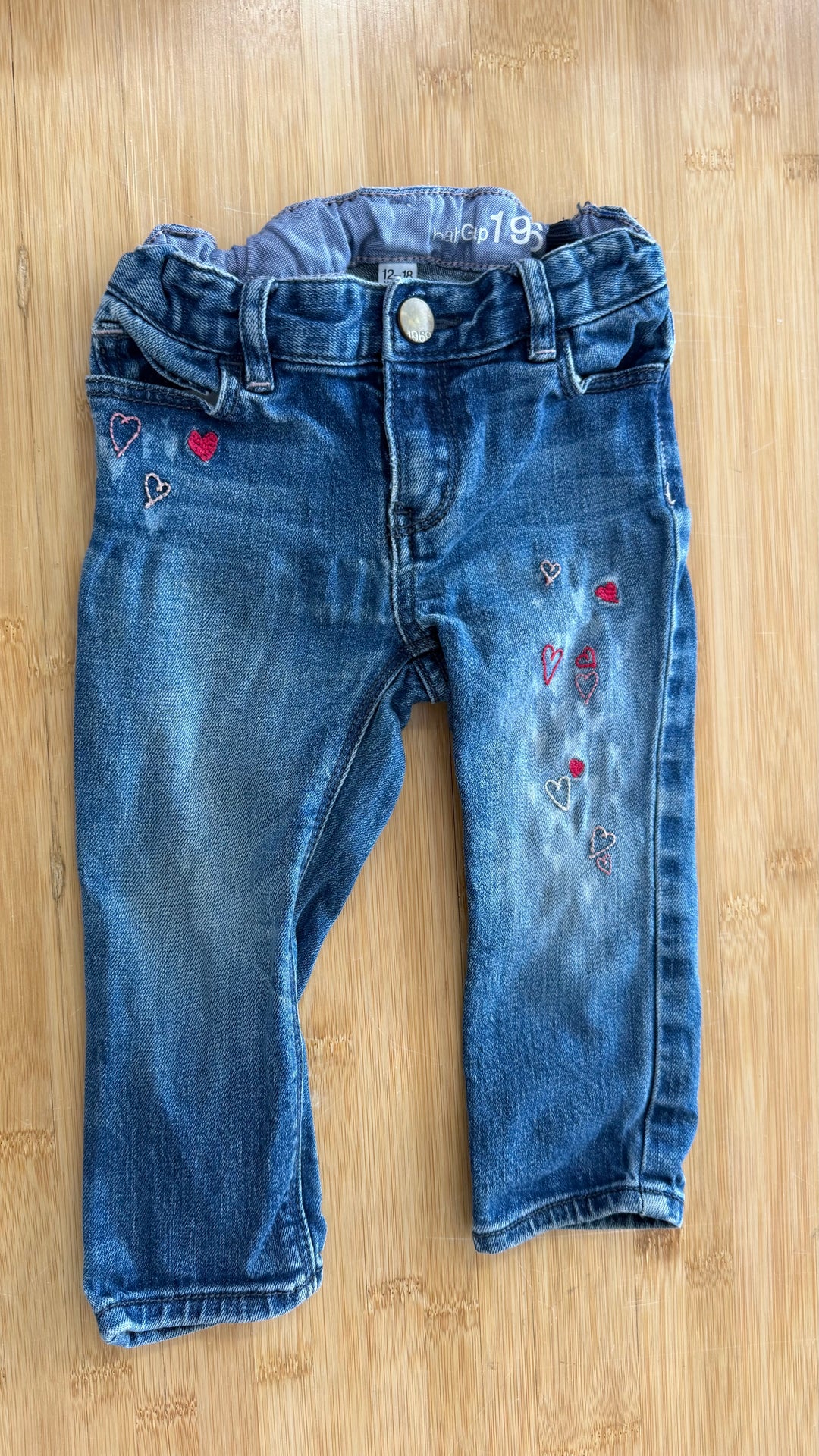 Baby Gap Jeans – 12-18 Months | Embroidered Hearts | Adjustable Elastic