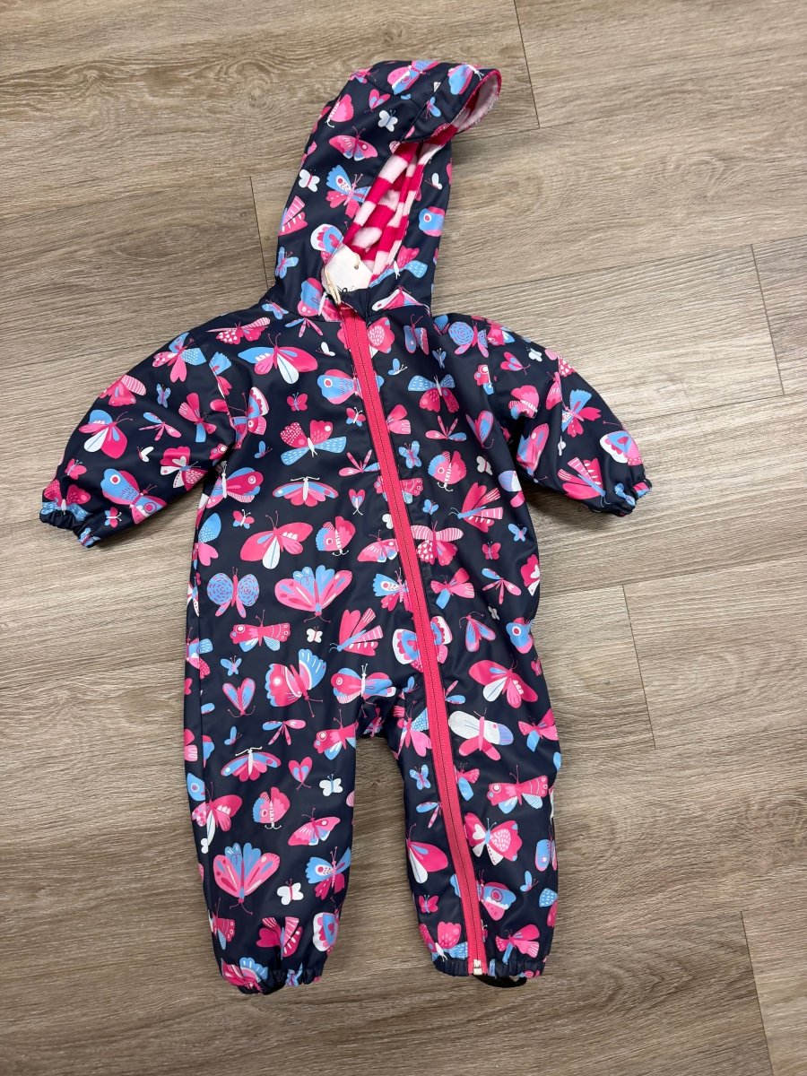 Hatley One Piece Rain Suit – 9-12 Months | Fuchsia with Navy | Butterfly Print - Nest and Sprout-Consignment