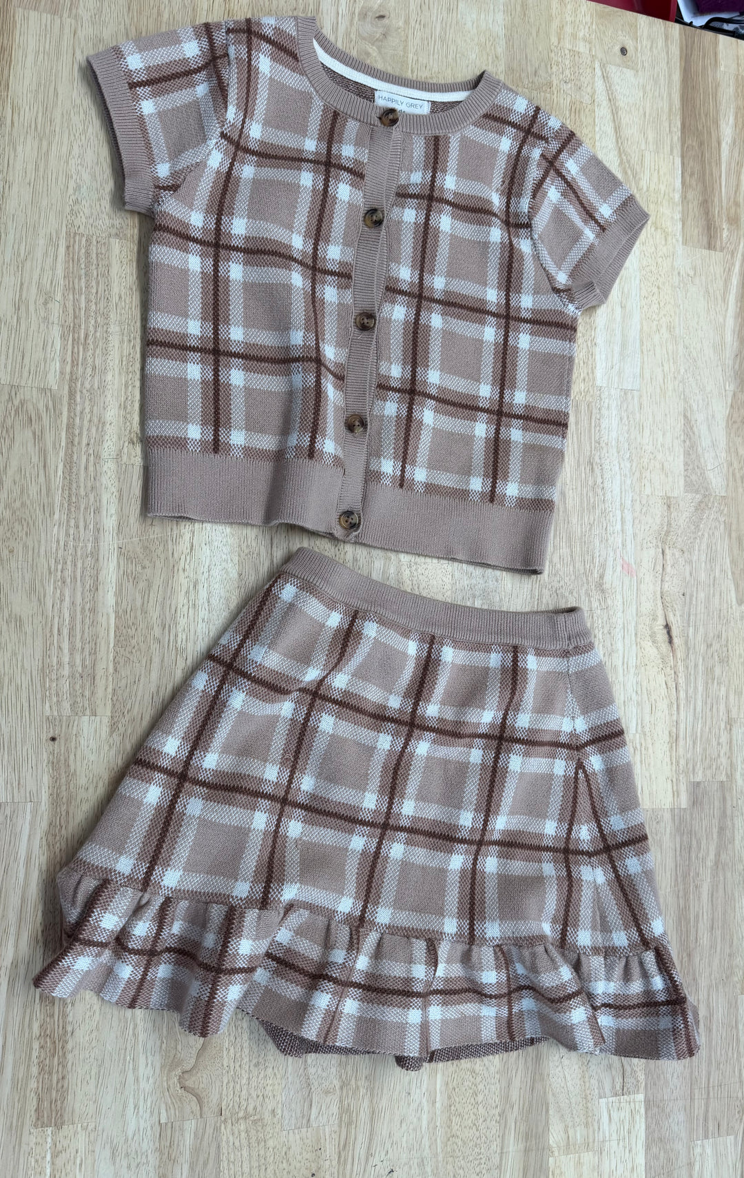 Happily Grey Kids Two-Piece Set – 7/8 | Brown Plaid Knit | Skirt and Button-Up Shirt