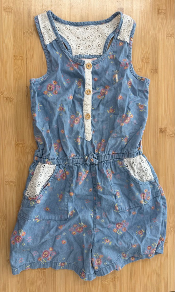 Juicy Couture Floral Lace Denim Romper – 10/12 | Lightweight - Nest and Sprout-Consignment
