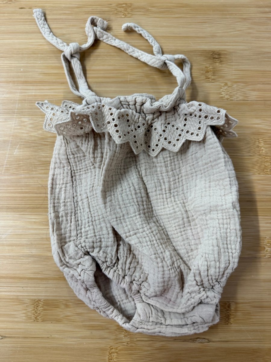 Rylee + Cru Short Romper – 3-6 Months | Light Brown Muslin | Open Work Neckline - Nest and Sprout-Consignment