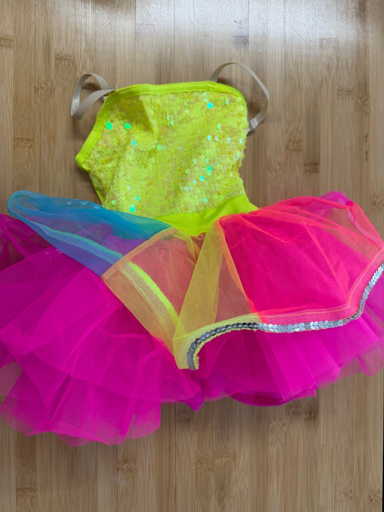 Weissman Performance Dance Wear – XSC | Yellow Sequin Bodice Neon Rainbow Skirt - Nest and Sprout-Consignment