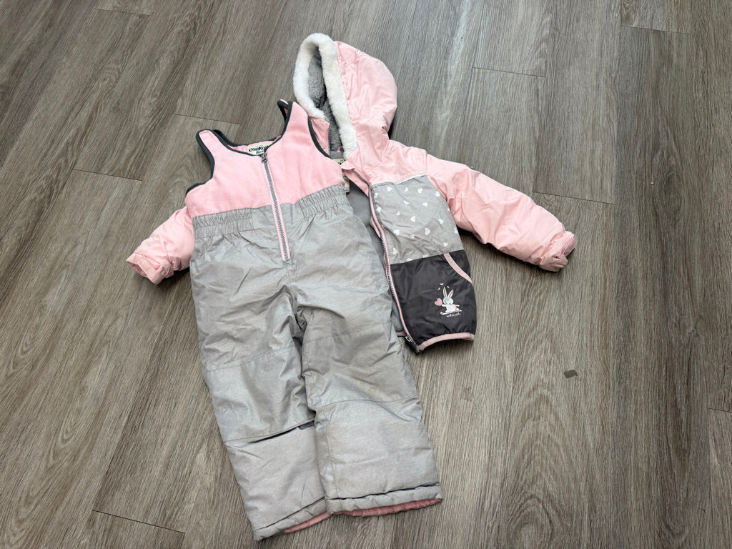 OshKosh Two-Piece Snow Set – 2Y | Grey & Pink Fleece Bibbed Snowpants & Jacket