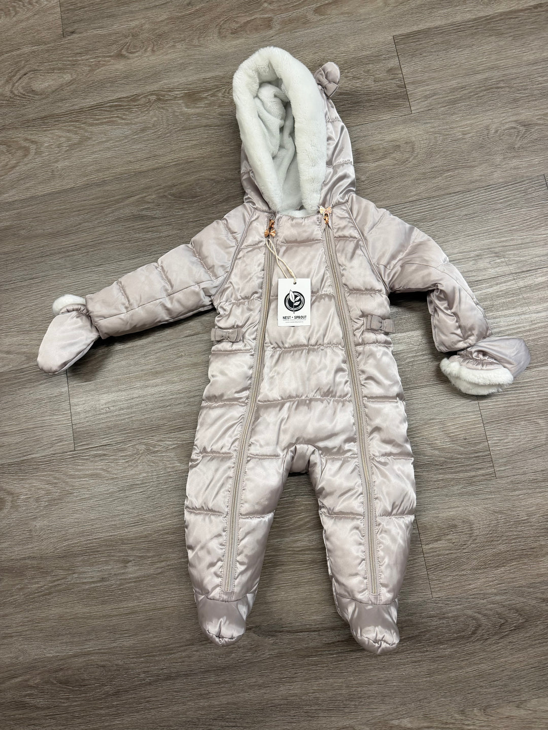 Wrapped in Love Snowsuit – 6/9 Months | Grey Metallic | Rose Gold Heart | Faux Fur Lining