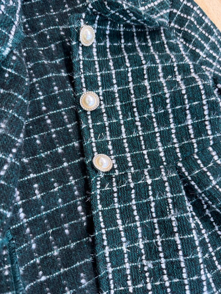 Zunie Jacket & Sequin Dress Set – 6 | Green White Plaid Black Bow - Nest and Sprout-Consignment