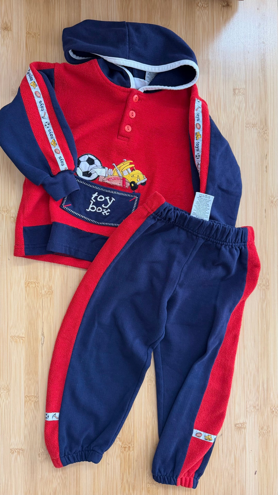 Small Steps Outfit Set – 3T | Red Fleece Sweater with Toy Box Embroidery and Matching Pants