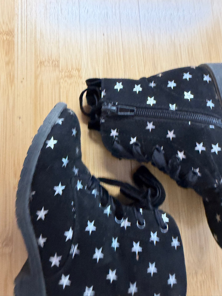 Velour Ankle Boots – 9 | Black Silver Stars Side Zipper Lace-Up