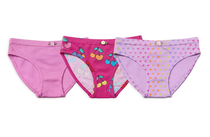 Limeapple Girls Underwear 3 Piece Set - Orchid, Sweet Cherries & Shimmering Hearts